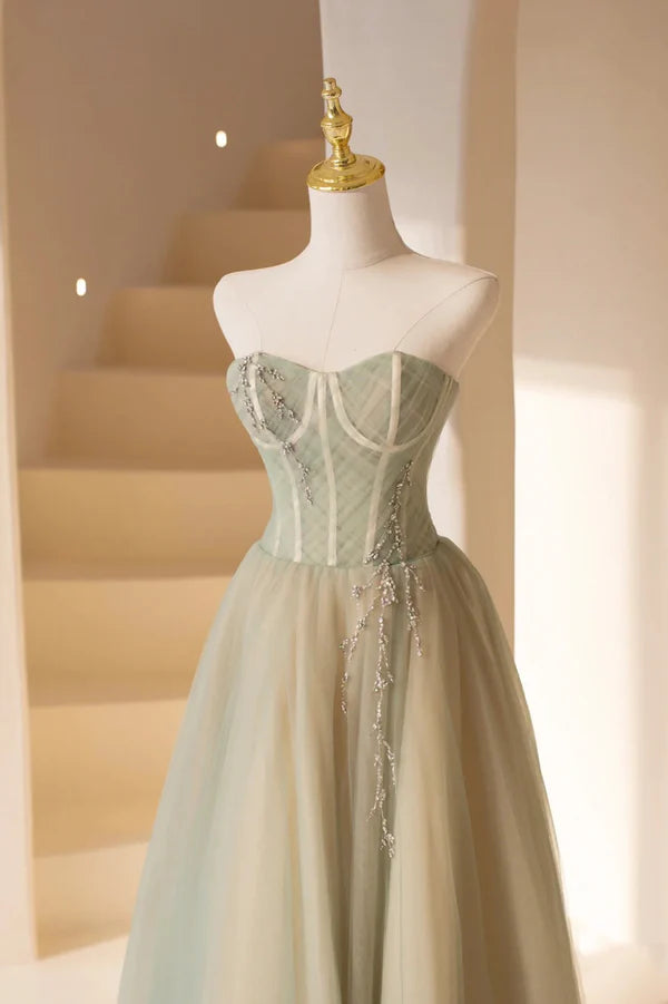 Wholesale Cute Tulle Tea Length Prom Dress Green A-Line Strapless Evening Party Dress